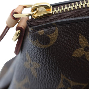Close-up of a Louis Vuitton monogram bag in dark brown coated canvas with gold-tone hardware and a gold zipper, set against a bright white background.
