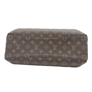 Louis Vuitton monogram canvas shoulder bag in brown and tan, photographed from the side against a plain white background.