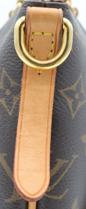 Close-up of a Louis Vuitton monogram bag in dark brown coated canvas with tan leather trim and gold-tone hardware, showing the side gusset and strap attachment.