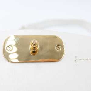 Close-up of a gold metal hardware clasp or button on a white surface, with a small pink gemstone or accent at the center.