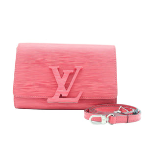 A pink Louis Vuitton monogram wallet made of textured Epi leather, shown with its matching pink leather strap and silver-tone hardware on a plain white background.