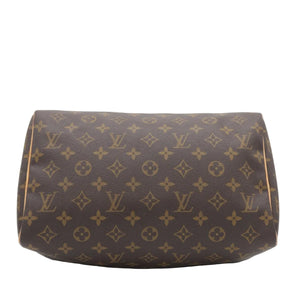 A Louis Vuitton monogram canvas shoulder bag in brown and tan, photographed against a clean white background.