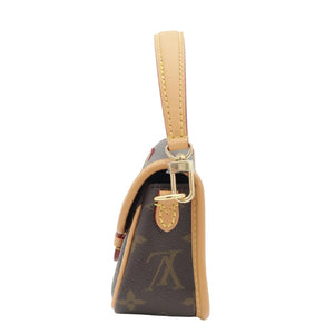 A Louis Vuitton monogrammed leather pouch with a tan leather strap and gold-tone hardware, shown against a plain white background.
