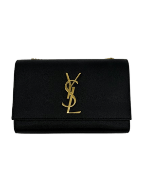 Saint Laurent Kate Black Grain de Poudre Leather Chain Wallet Clutch Gold YSL Logo - www.unoo.com