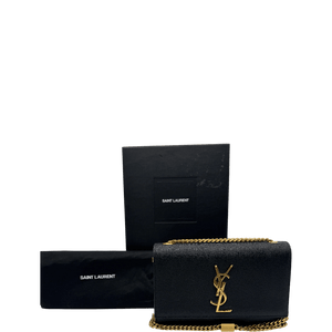 Saint Laurent Kate Black Grain de Poudre Leather Chain Wallet Clutch Gold YSL Logo - www.unoo.com