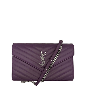 Saint Laurent Cassandre Envelope Chain Wallet Purple Chevron Grain de Poudre Leather WOC - www.unoo.com