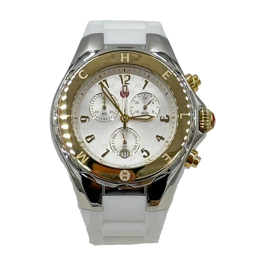 Michele Jellybean White Chronograph Watch with two-tone stainless steel case and white silicone strap