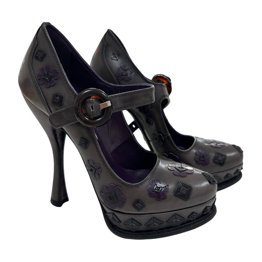 Prada Mary Jane Spazzolato Flower Platform Pumps Violet -Pre Owned
