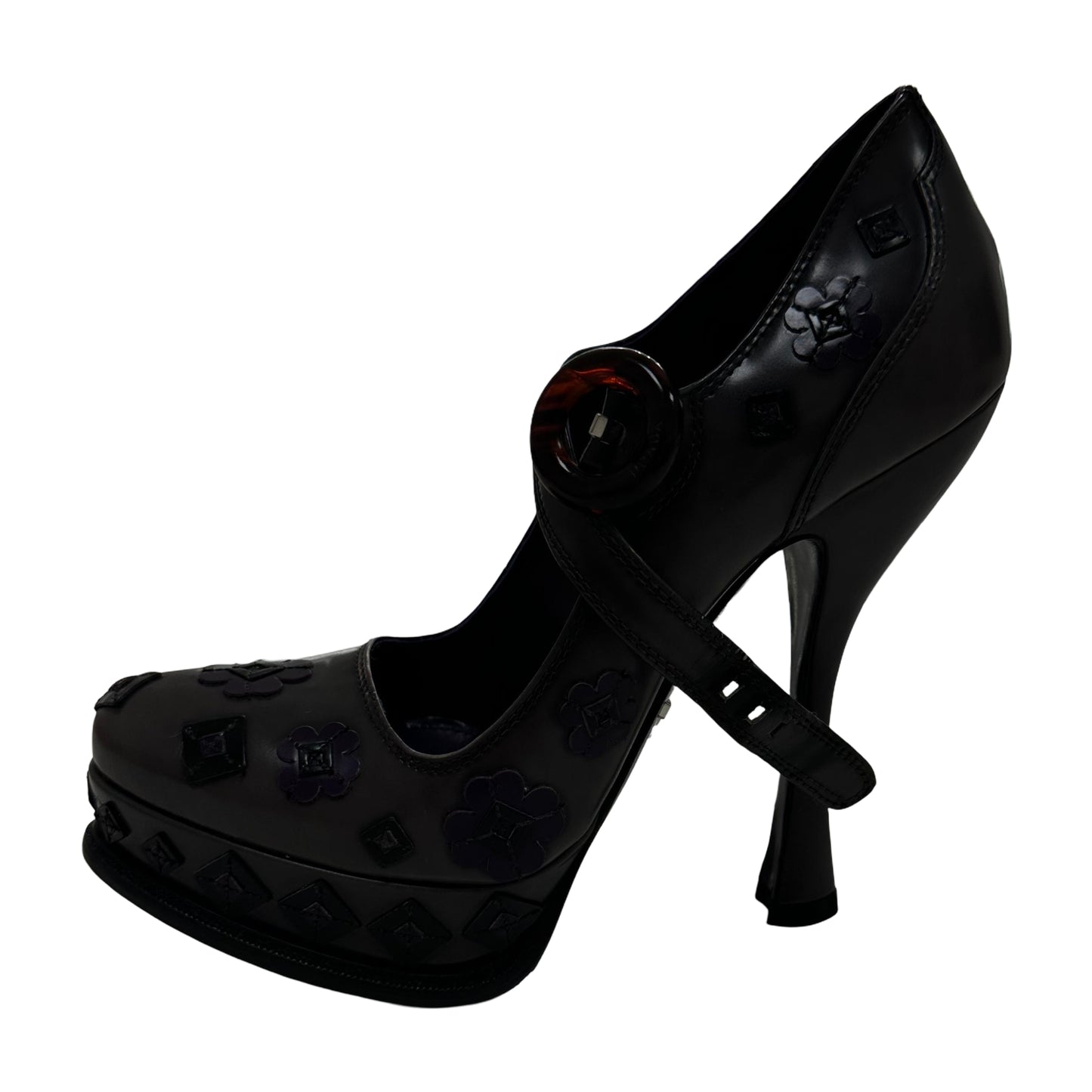 Prada Mary Jane Spazzolato Flower Platform Pumps Violet -Pre Owned