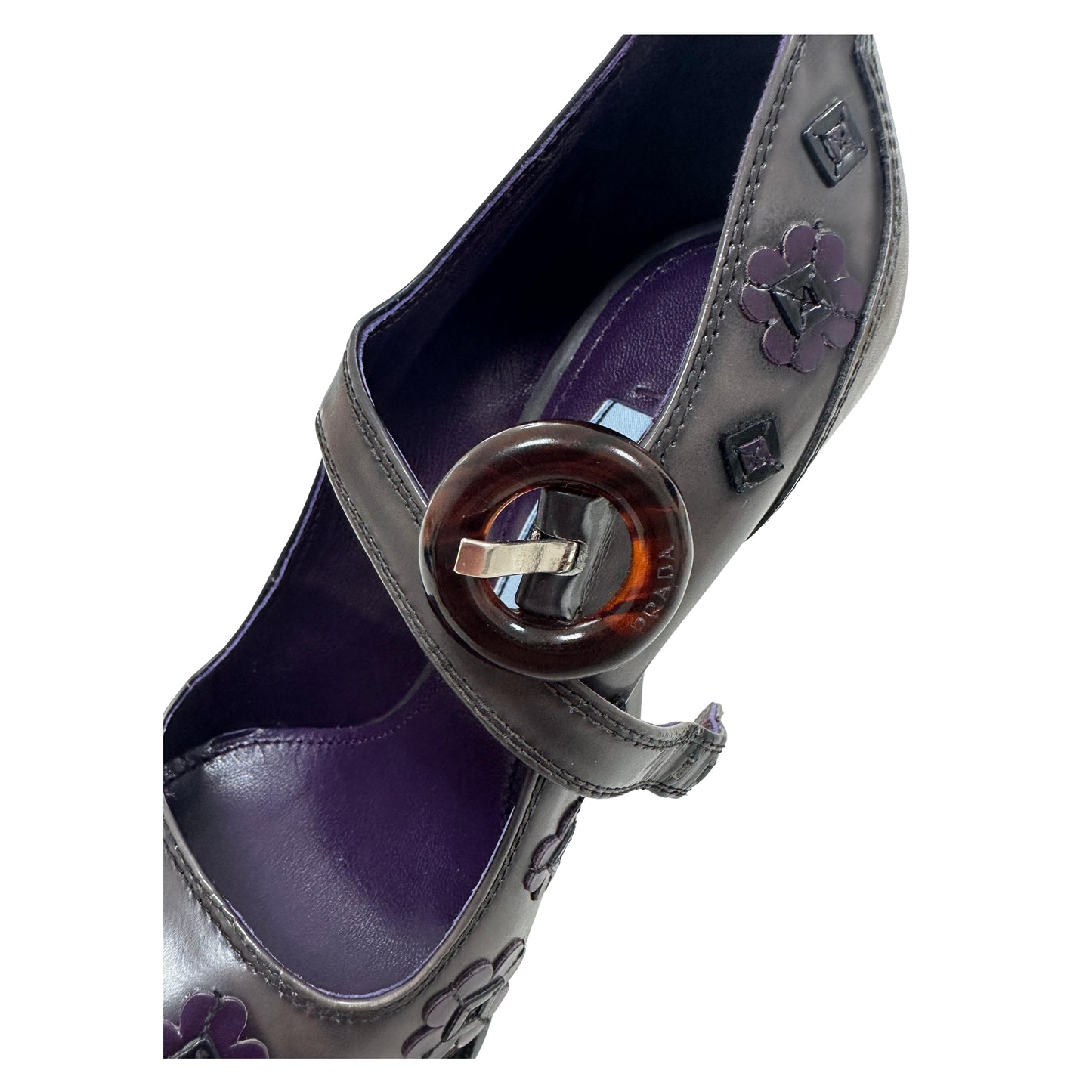 Prada Mary Jane Spazzolato Flower Platform Pumps Violet -Pre Owned