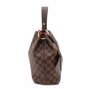 A brown checkered canvas bucket bag with a dark brown leather top handle, gold-tone hardware, and a red lining visible at the top, shown against a plain white background.