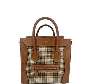 Celine Luggage Nano Tote Houndstooth Tweed & Tan Leather Top Handle Shoulder - PRELOVED - www.unoo.com