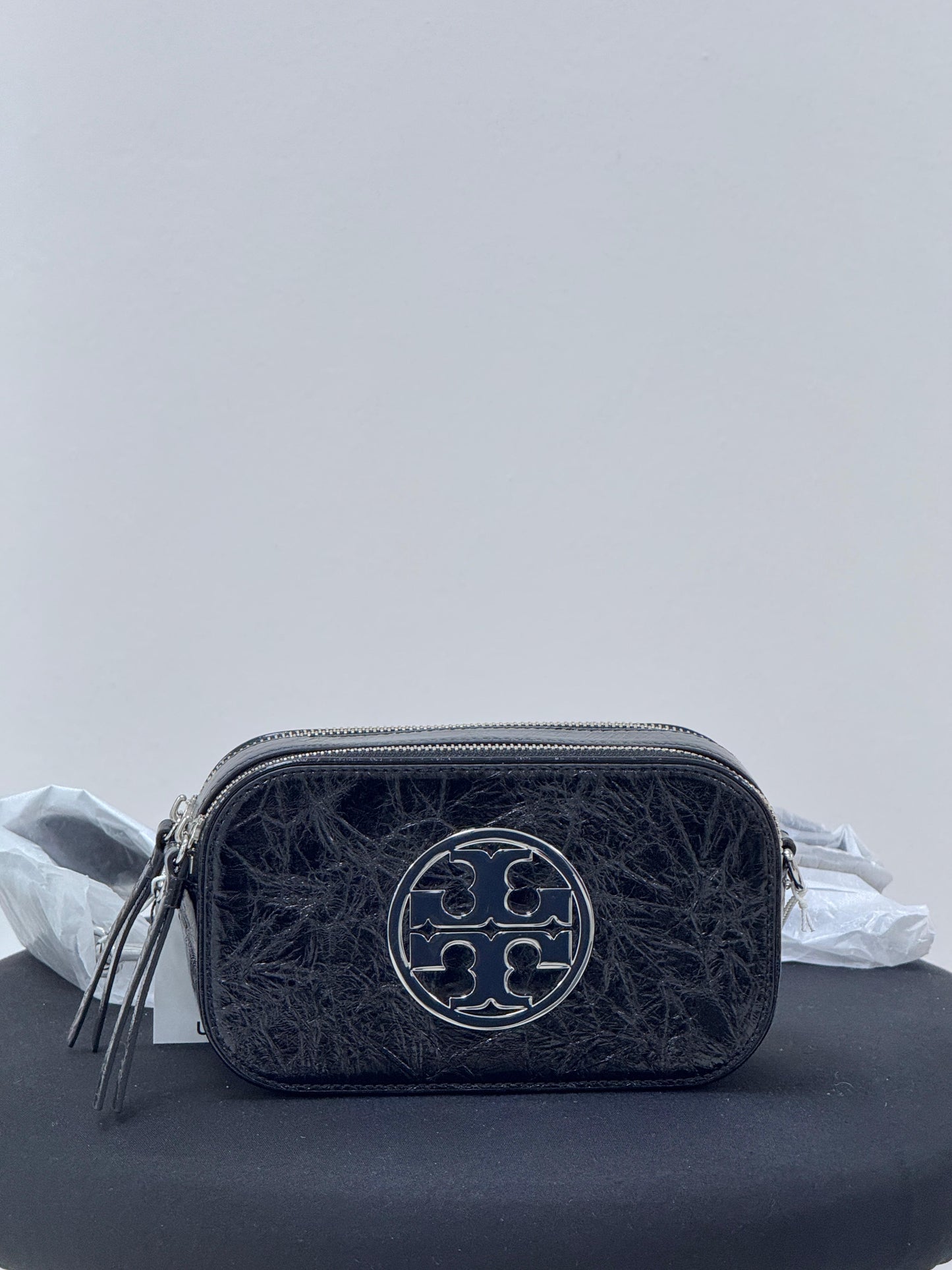Tory Burch Mini Miller Crinkle Leather Crossbody Bag- Black