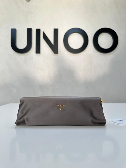 Prada Gray and Gold Hardware Satin Rectangle Clutch - PRE OWNED