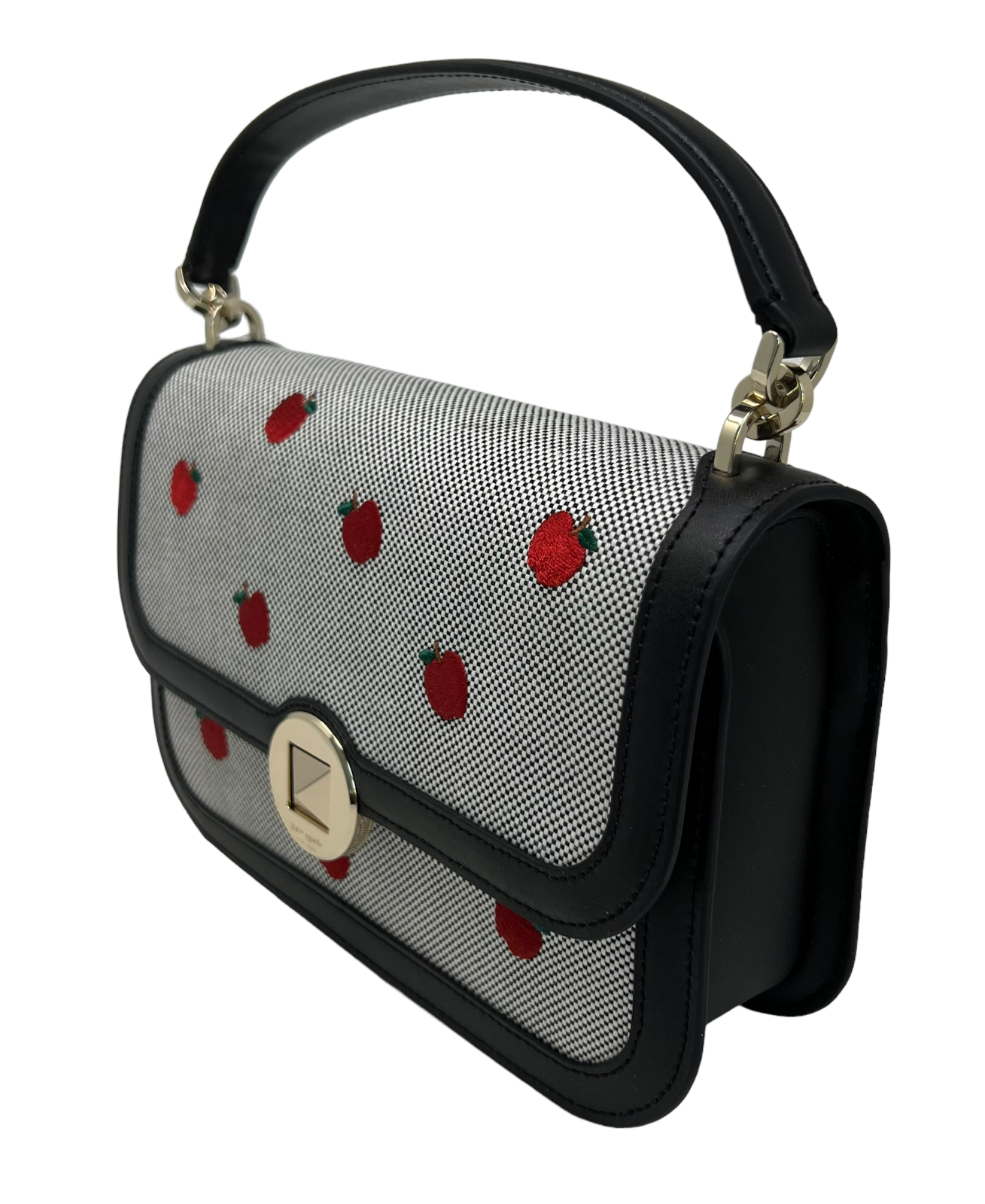 Kate Spade Audrey Orchard Toss Embroidered Apple Handle Flap Turnlock Bag Black