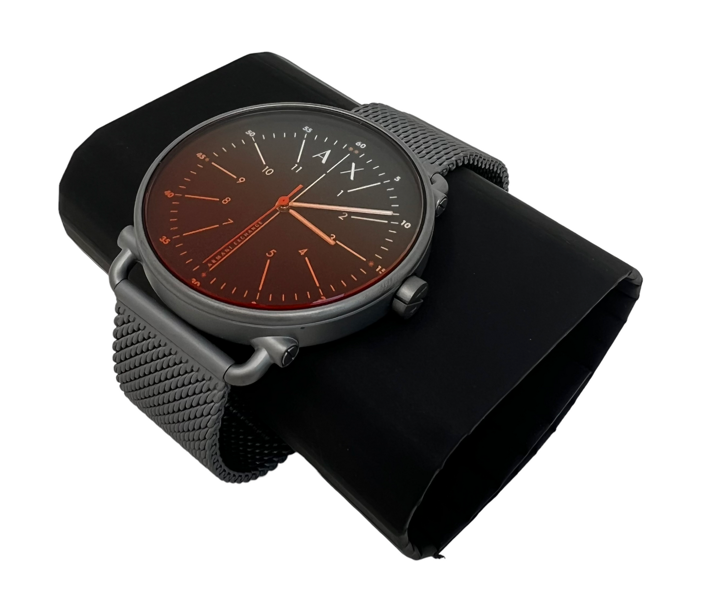 Armani Exchange Three-Hand Gunmetal-Tone Stainless Steel Mesh Watch AX2905 $170