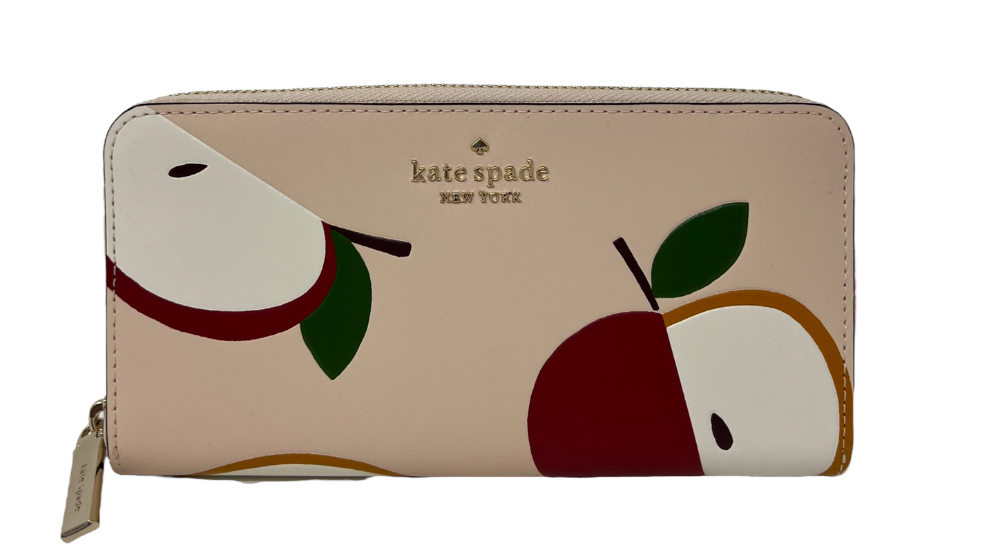Kate Spade Honeycrisp Large Continental Zip Around Wallet Pink Multi Apple K8285