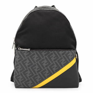 Fendi FF Diagonal Backpack Black Zucca Nylon Leather Yellow Stripe