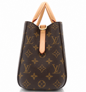 Side view of Louis Vuitton Montaigne BB handbag in brown Monogram canvas with natural leather trim and gold-tone hardware