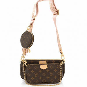 Louis Vuitton Multi Pochette Accessoires in brown Monogram canvas with extended pink jacquard crossbody strap, round coin purse, and gold-tone chain
