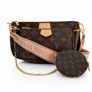 Louis Vuitton Multi Pochette Accessoires in brown Monogram canvas with pink jacquard strap, gold-tone chain, and round coin purse