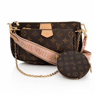 Louis Vuitton Multi Pochette Accessoires in brown Monogram canvas with pink jacquard strap, gold-tone chain, and round coin purse