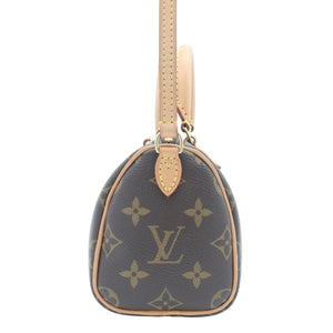 Louis Vuitton mini Speedy bag in brown monogram canvas with tan leather trim and strap, shown from the front on a white background.