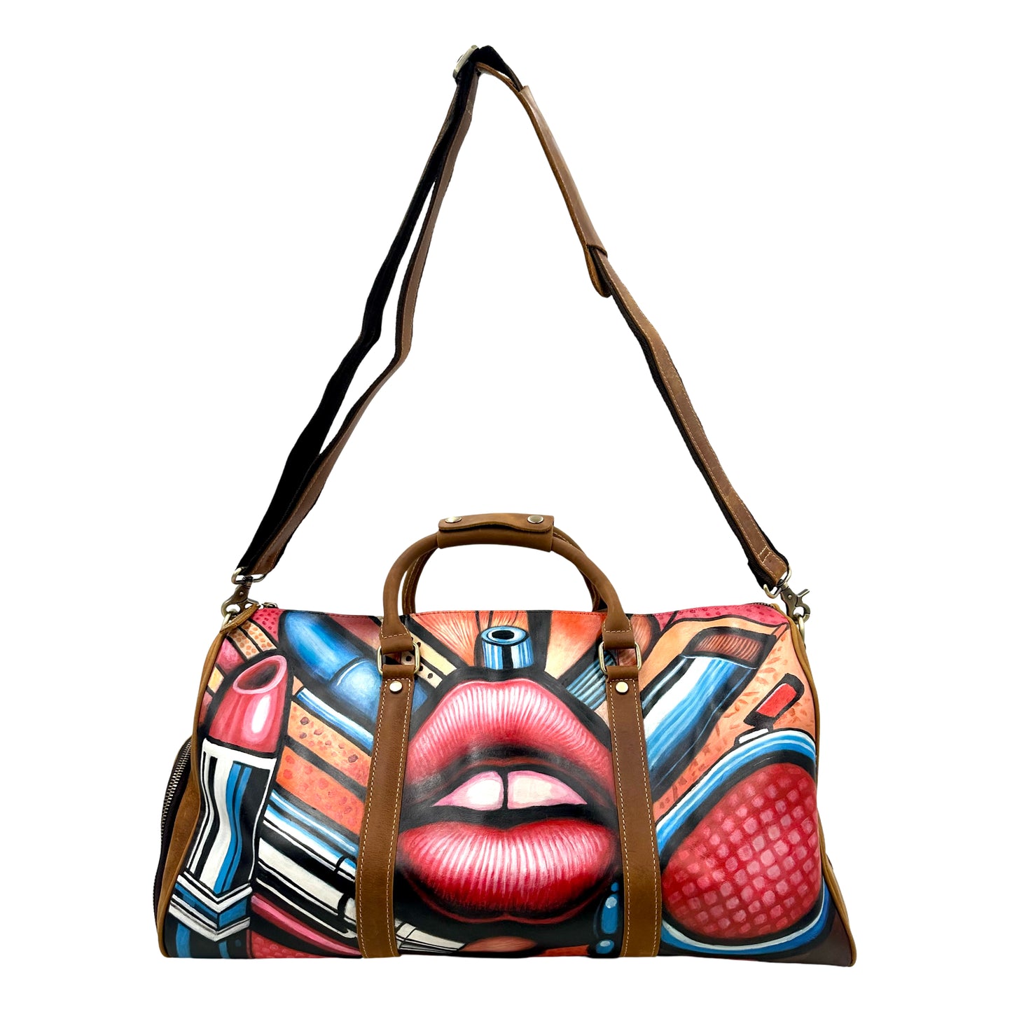 Lip Printed Duffle Bag- Brown/ Multi