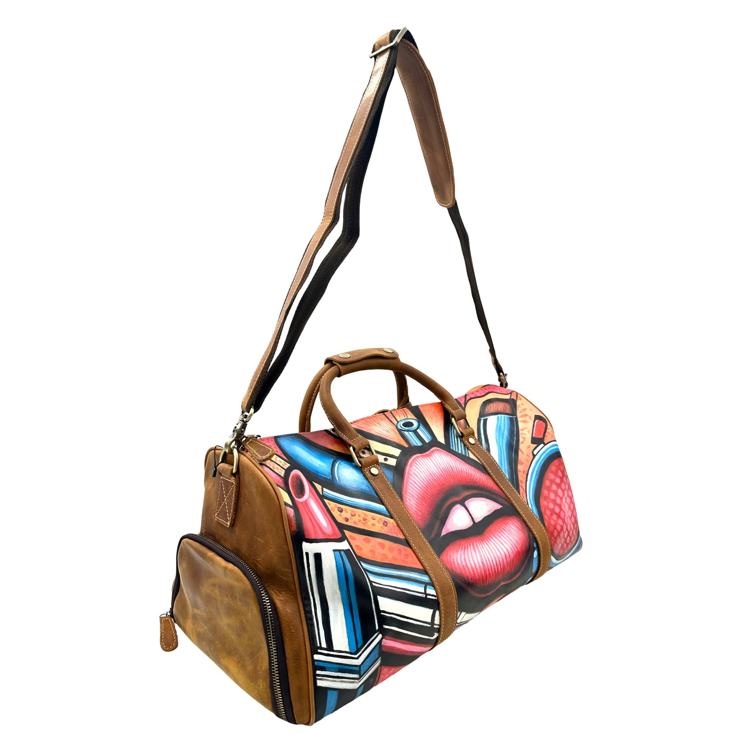 Lip Printed Duffle Bag- Brown/ Multi