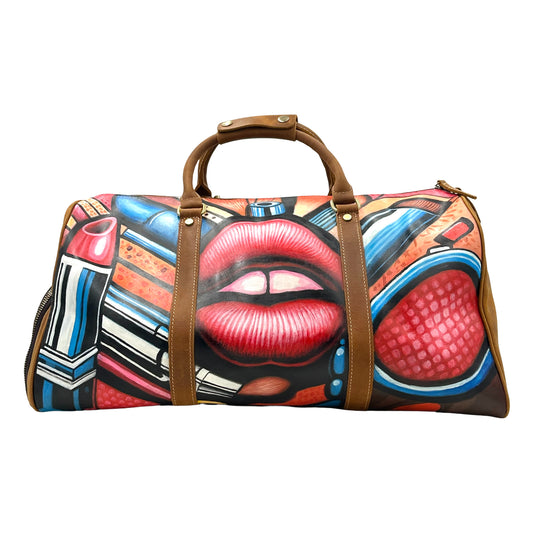 Lip Printed Duffle Bag- Brown/ Multi