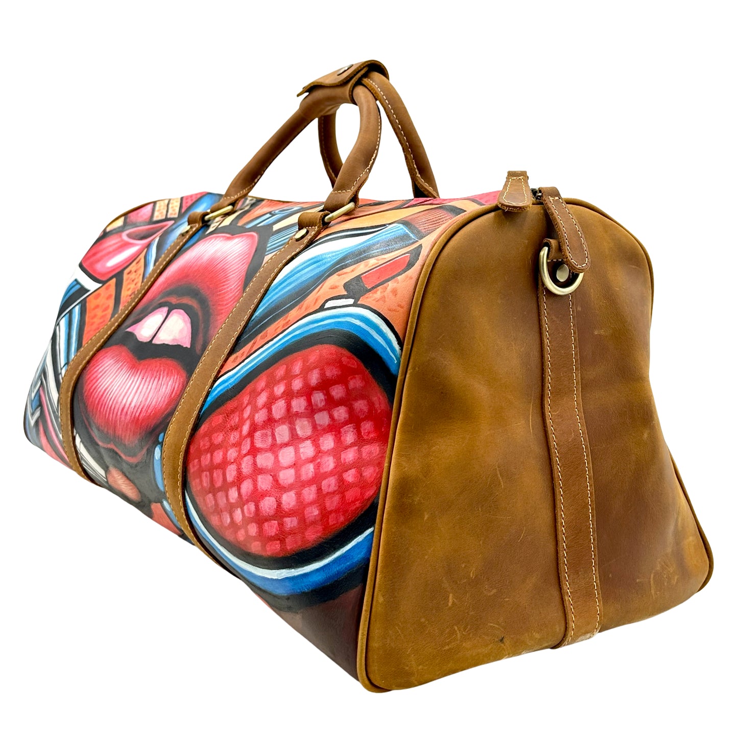 Lip Printed Duffle Bag- Brown/ Multi
