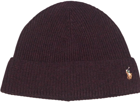 POLO RALPH LAUREN Men's Wool Rib Knit Pony Beanie Hat, Ski Cap, WINE BURGUNDY
