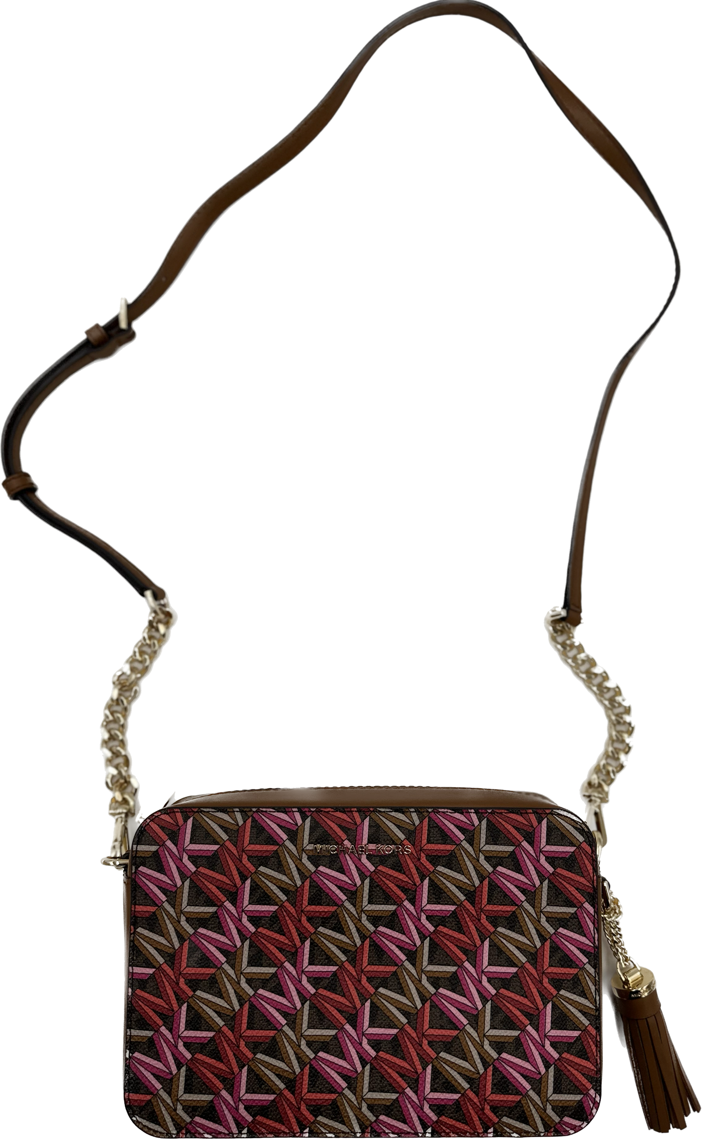 Michael Kors Women's Jet Set Brown Multi Signature Camera Bag Crossbody Bag