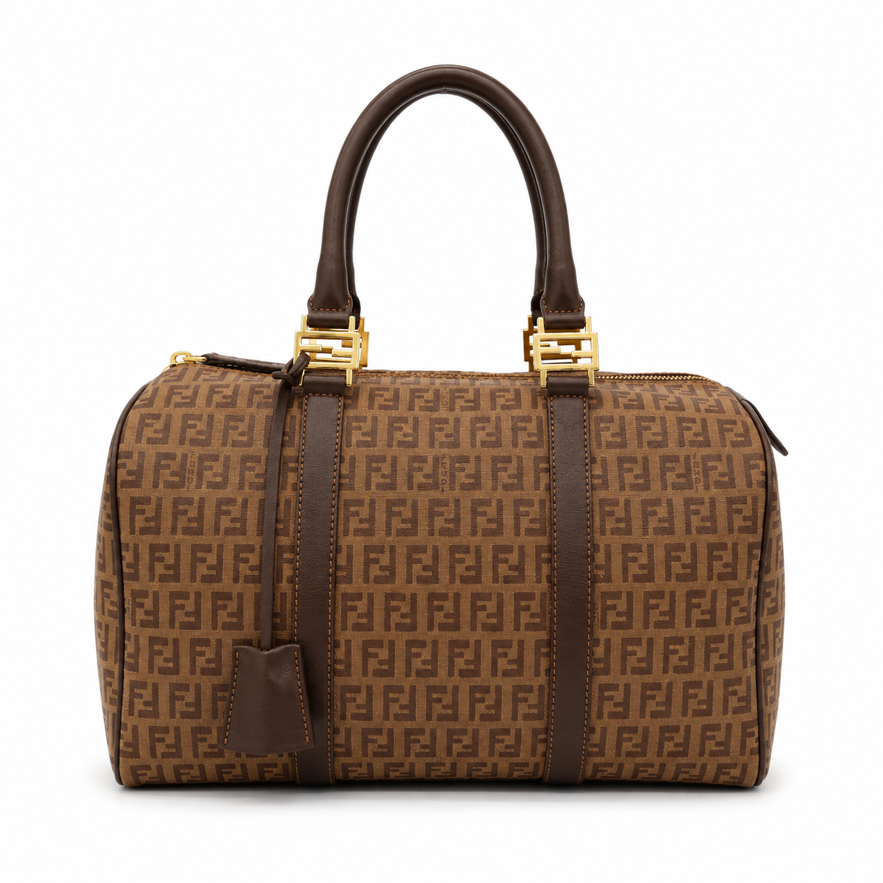 Multicolored patterned handbag with brown handle on a white background