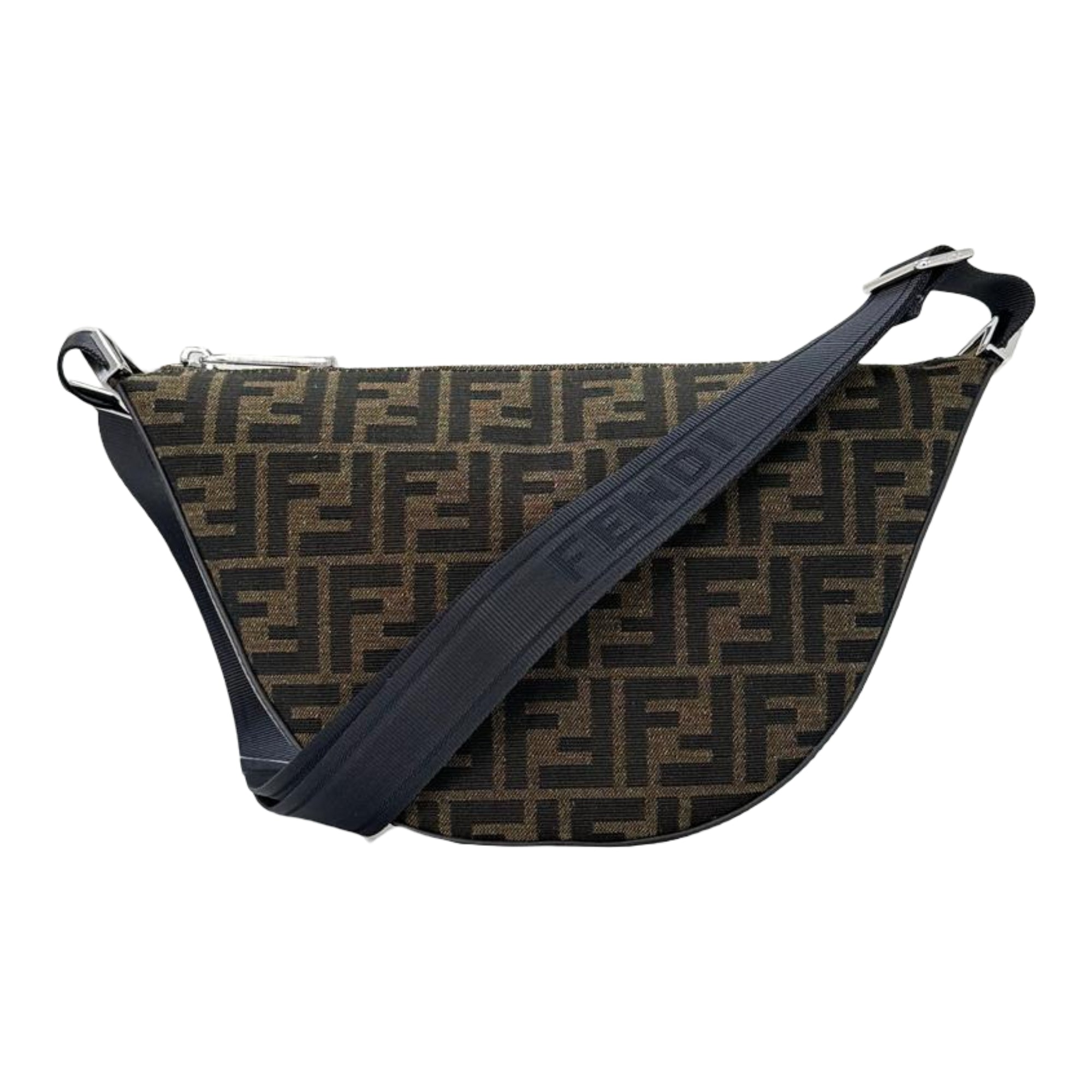 Multicolored patterned handbag with brown handle on a white background