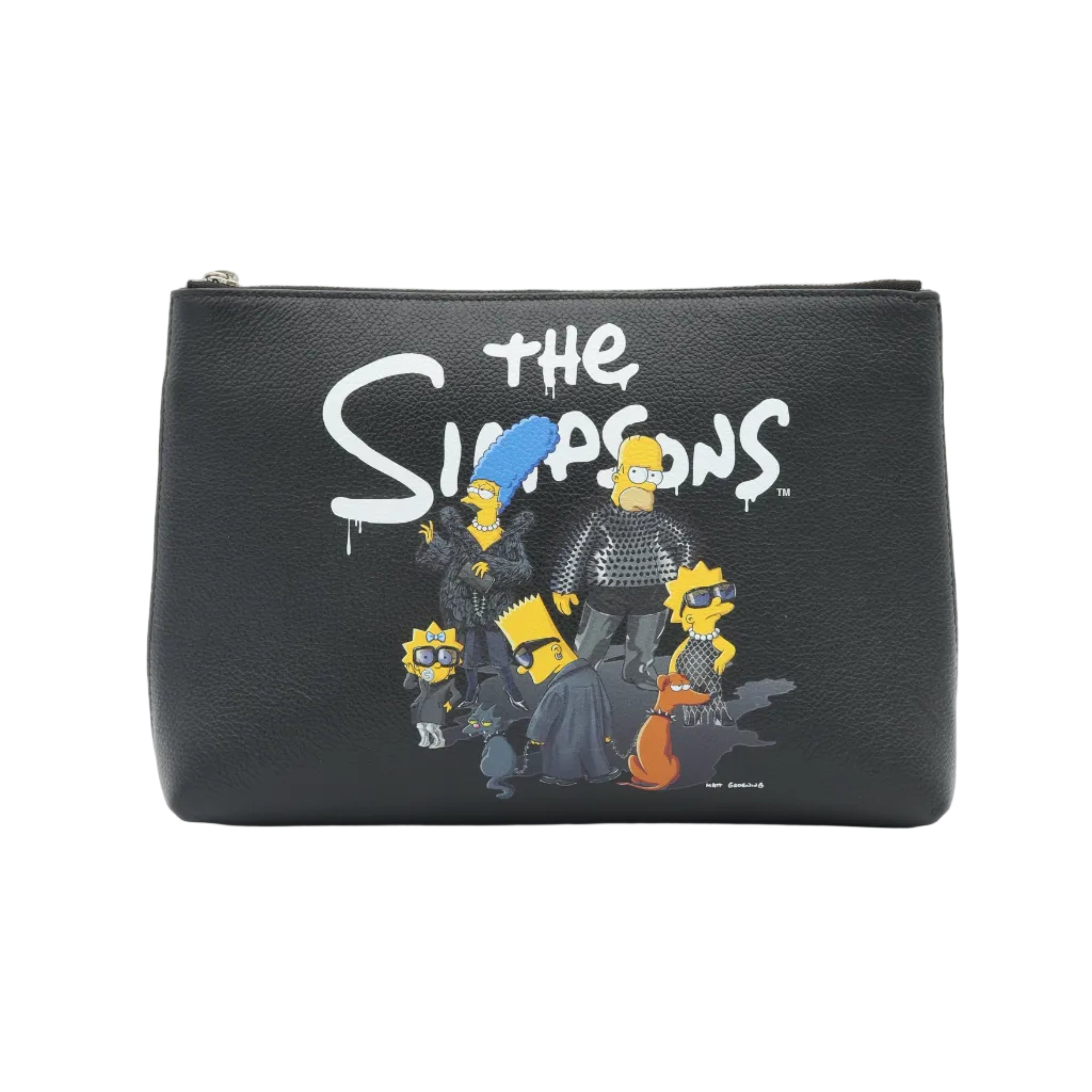 A black faux-leather zippered pouch featuring a 'The Simpsons' graphic print with Bart, Lisa, and Maggie Simpson and the show's logo, set against a plain white background.