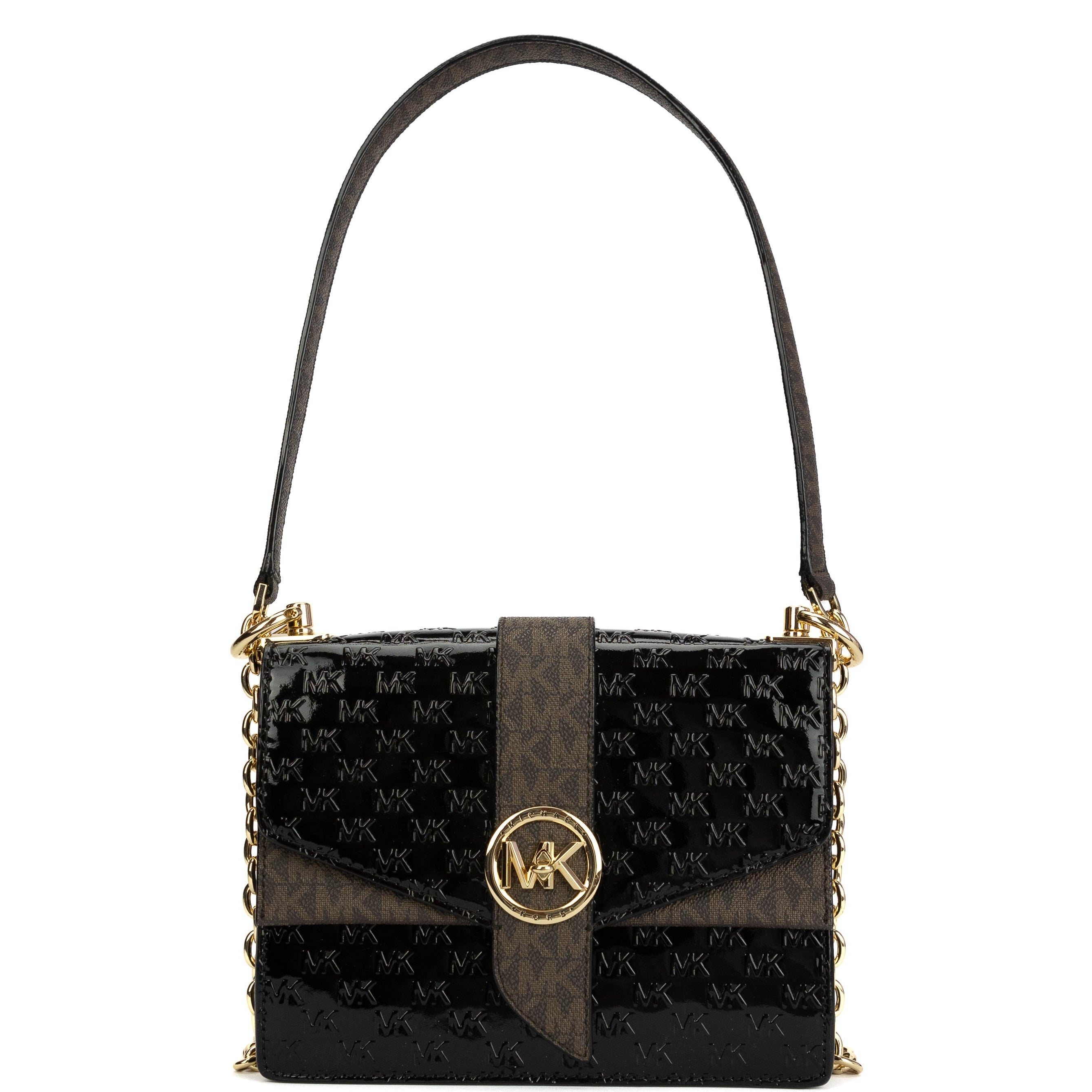 A Michael Kors Greenwich Extra-Small Logo Embossed Patent Leather Crossbody Bag in black color with gold-tone hardware and a chain shoulder strap.