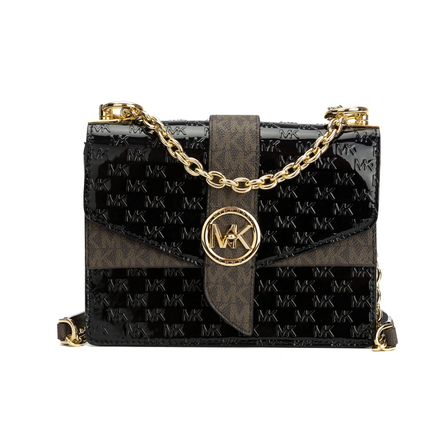 Michael Kors Greenwich Extra-Small Logo Embossed Patent Leather Crossbody Bag - Black/Acorn