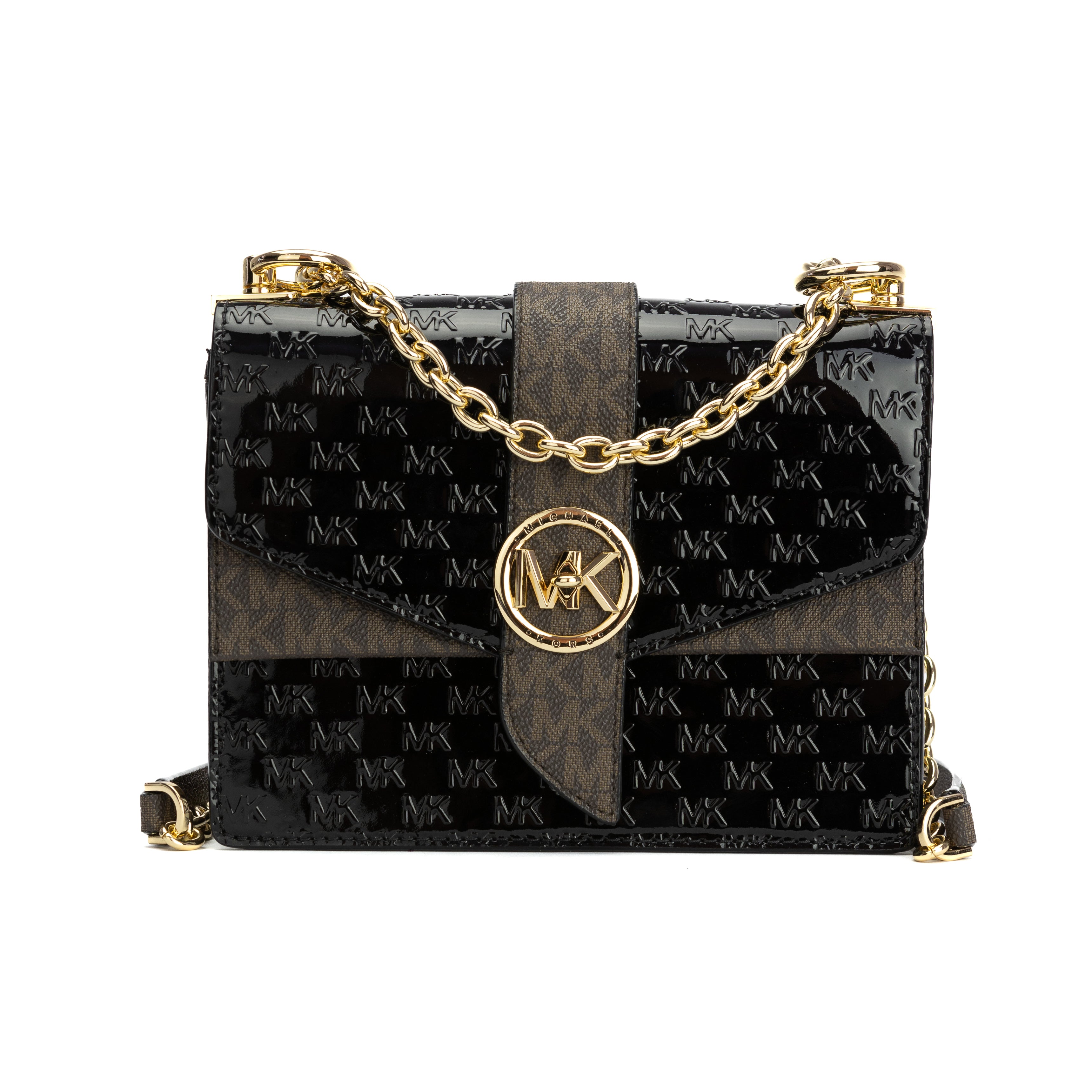Michael Kors Greenwich Extra-Small Logo Embossed Patent Leather Crossbody Bag - Black/Acorn