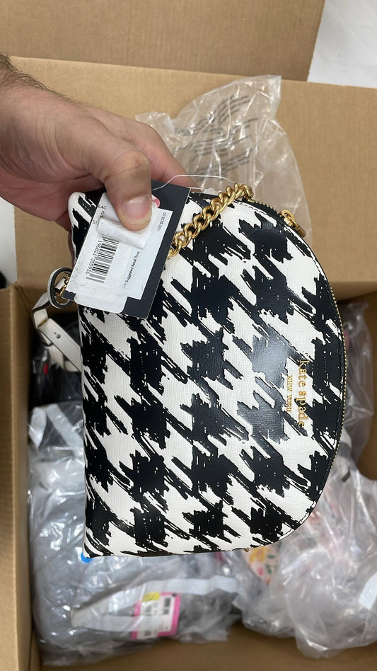 Kate Spade Morgan Leather Painterly Houndstooth Crossbody - Black White Gold