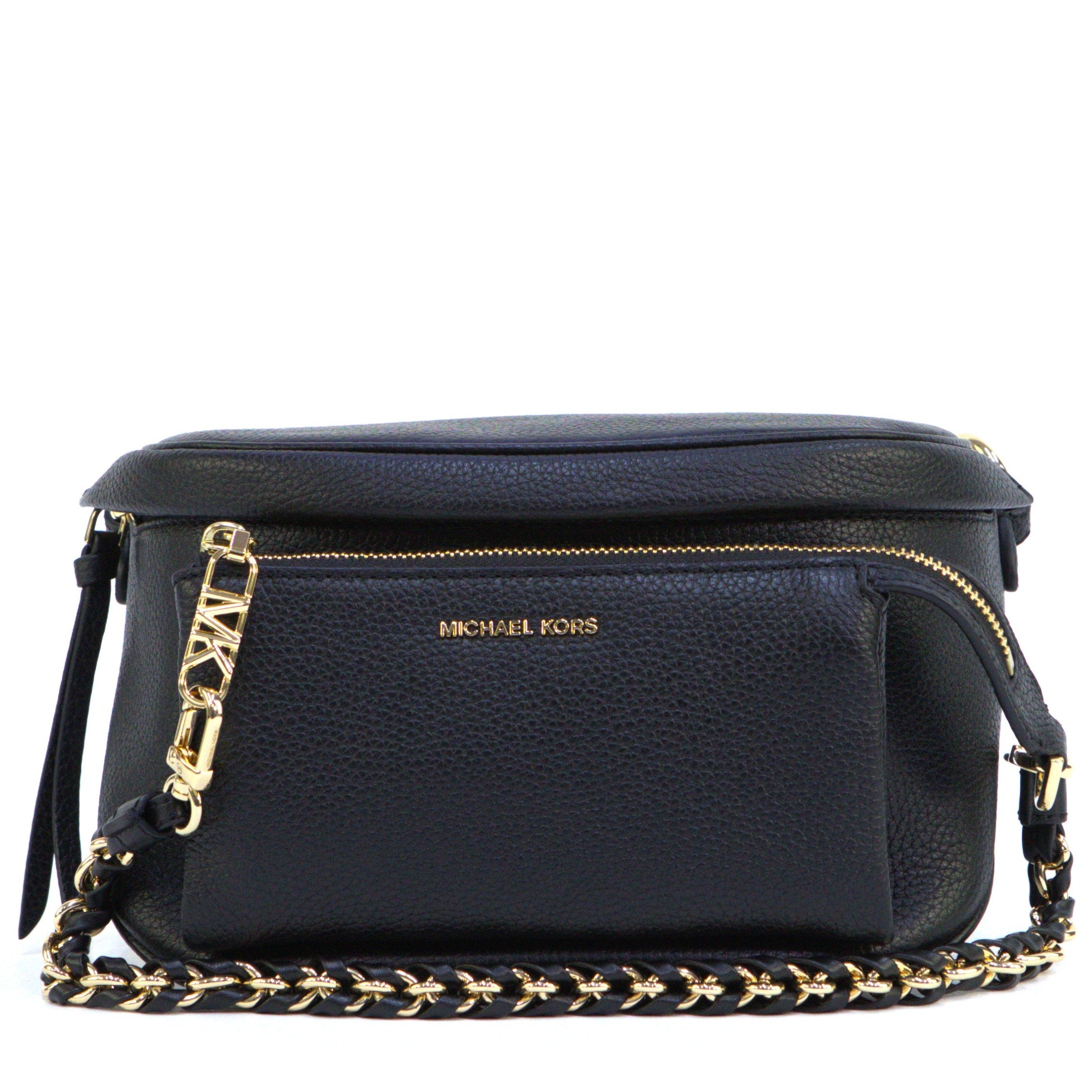 Black handbag with gold chain detail on a white background