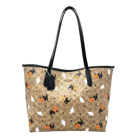 Coach City Tote In Signature Canvas With Halloween Print- Tan/Black/Multi