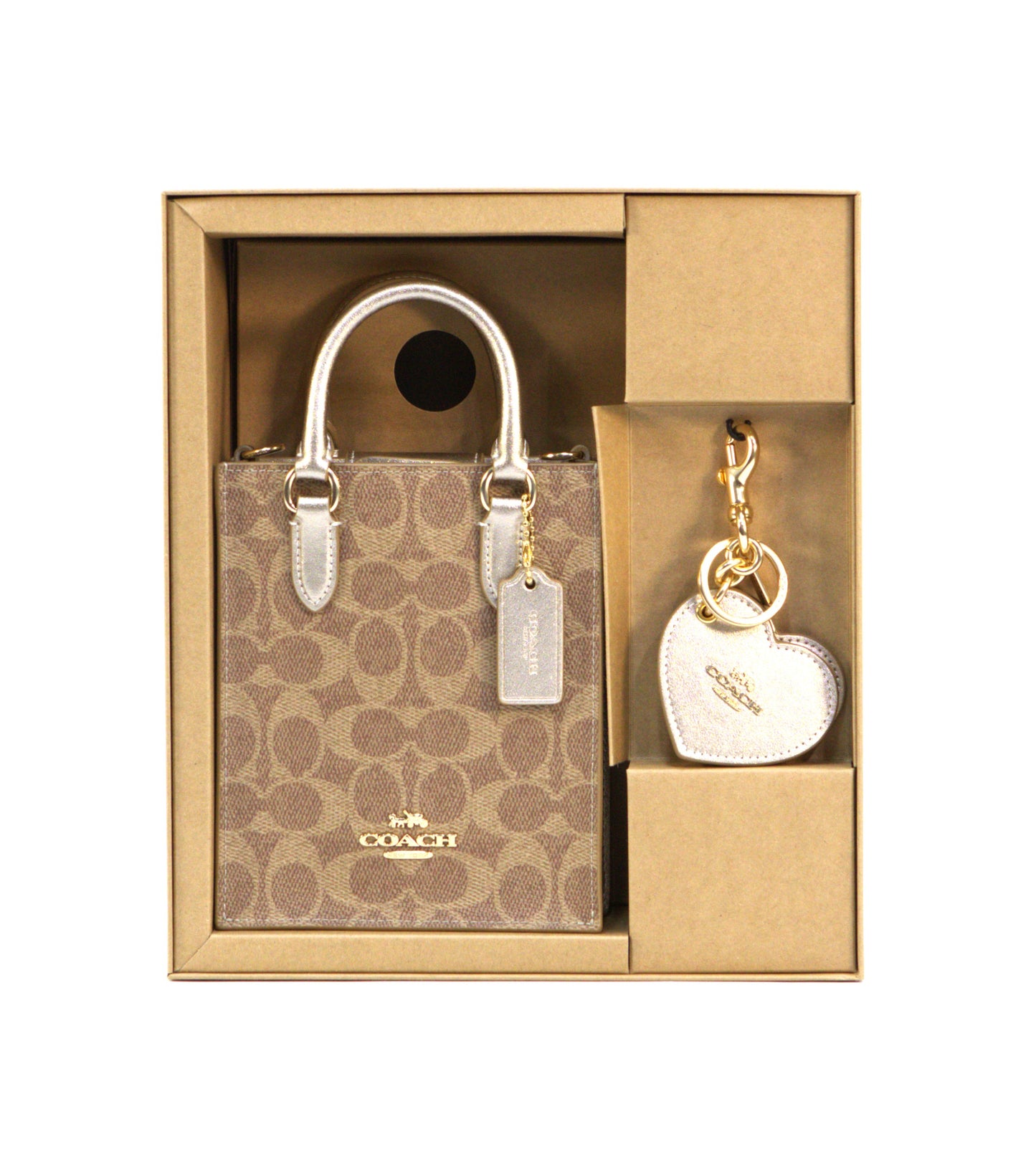 Boxed Mini Tote Bag And Mirror Bag Charm Set In Signature Canvas - Tan Multi