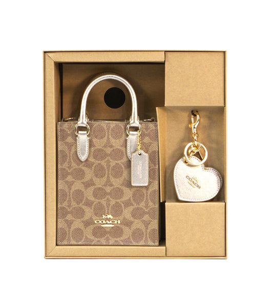 Boxed Mini Tote Bag And Mirror Bag Charm Set In Signature Canvas - Tan Multi