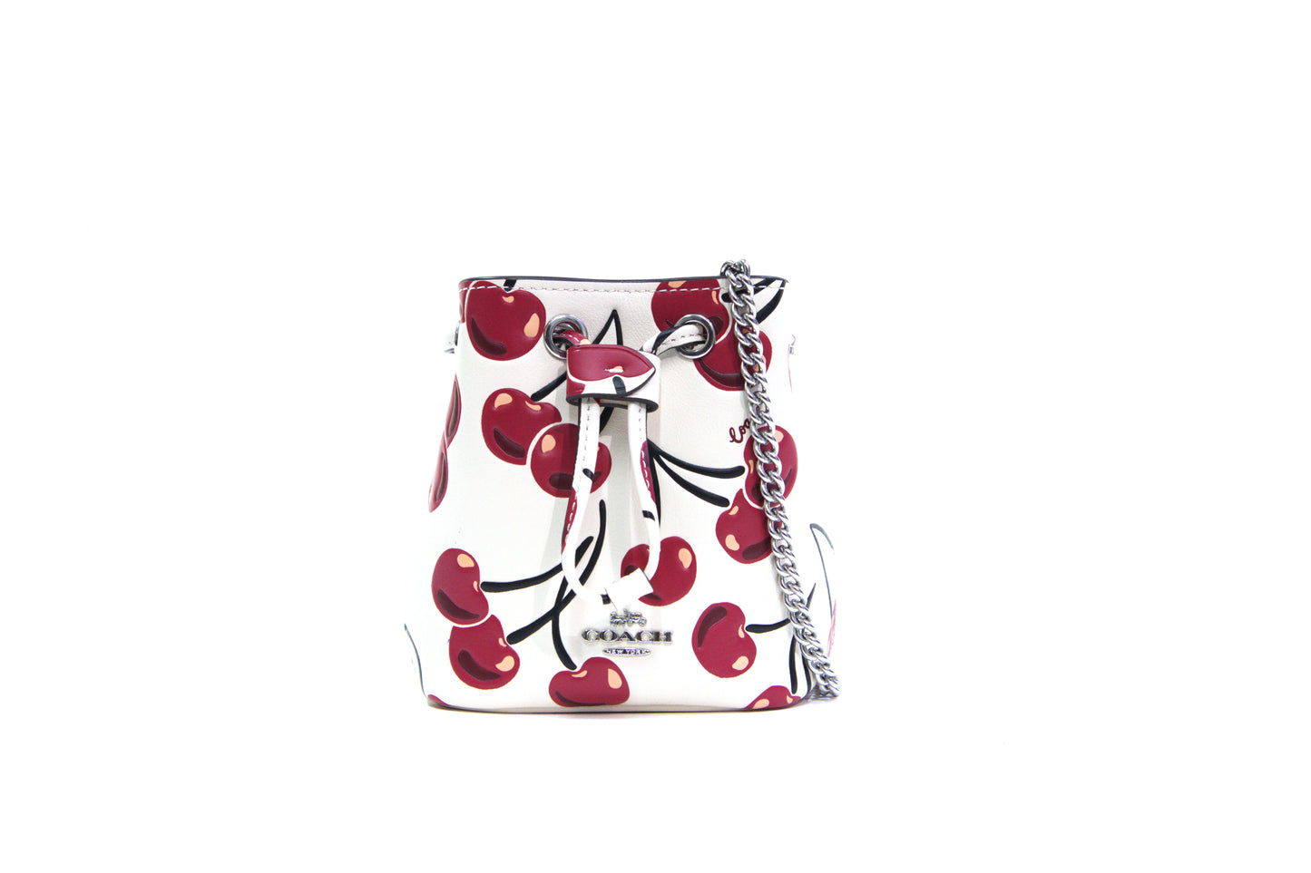 Coach Drawstring Wristlet Chain Strap Cherry Print Silver - Chalk Multi