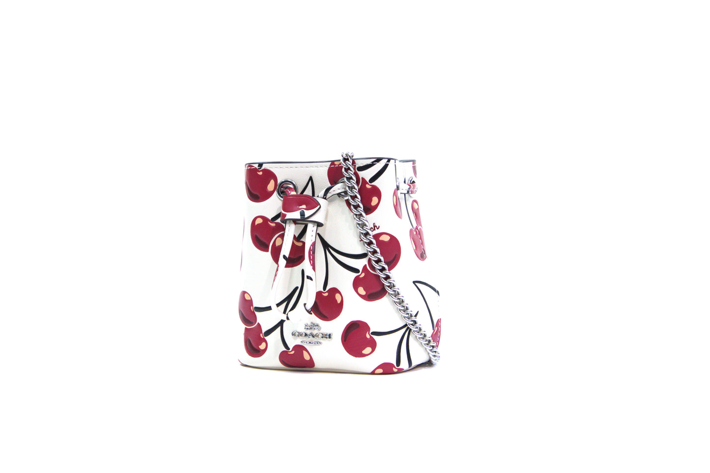 Coach Drawstring Wristlet Chain Strap Cherry Print Silver - Chalk Multi