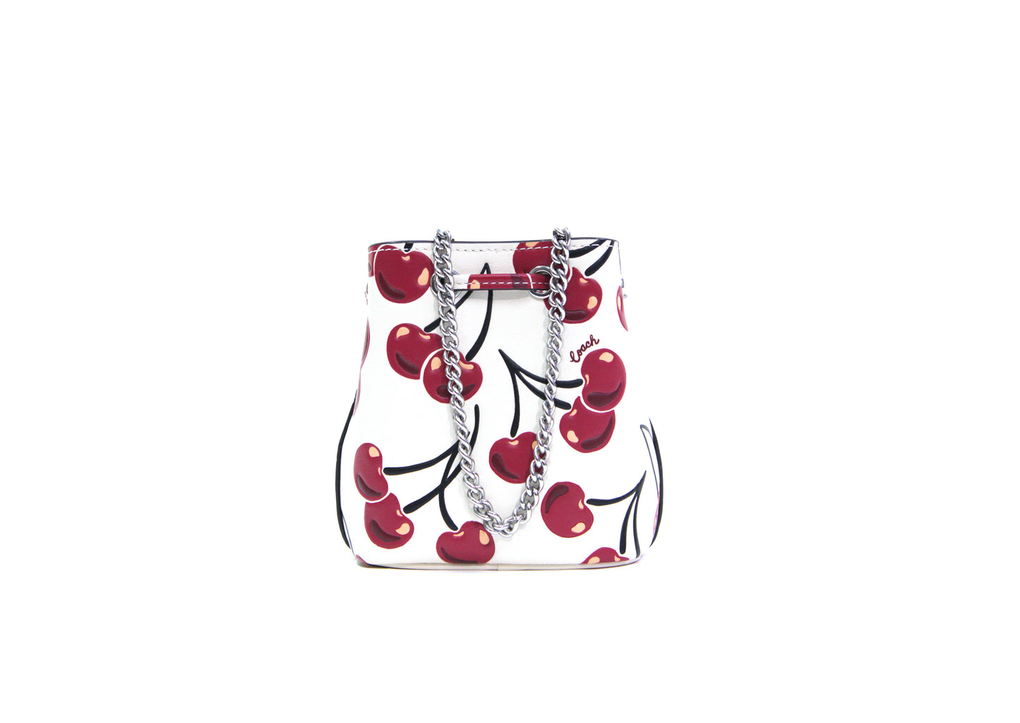 Coach Drawstring Wristlet Chain Strap Cherry Print Silver - Chalk Multi