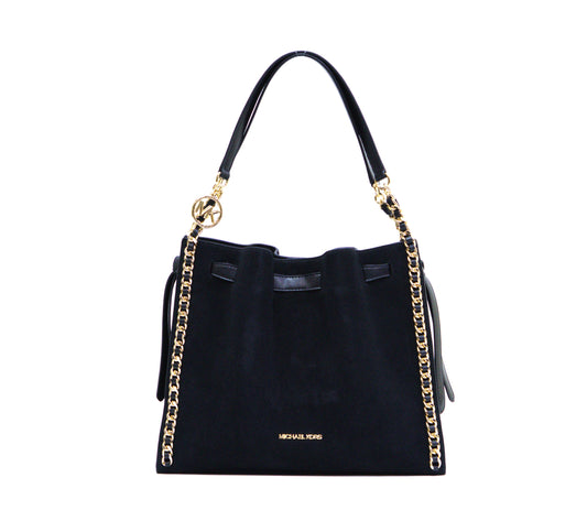 Michael Kors Mina Large Belted Chain Suede Shoulder Bag - Black