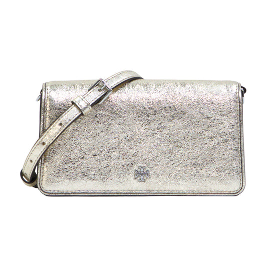 Tory Burch Emerson Metallic Leather Mini Crossbody - White Gold