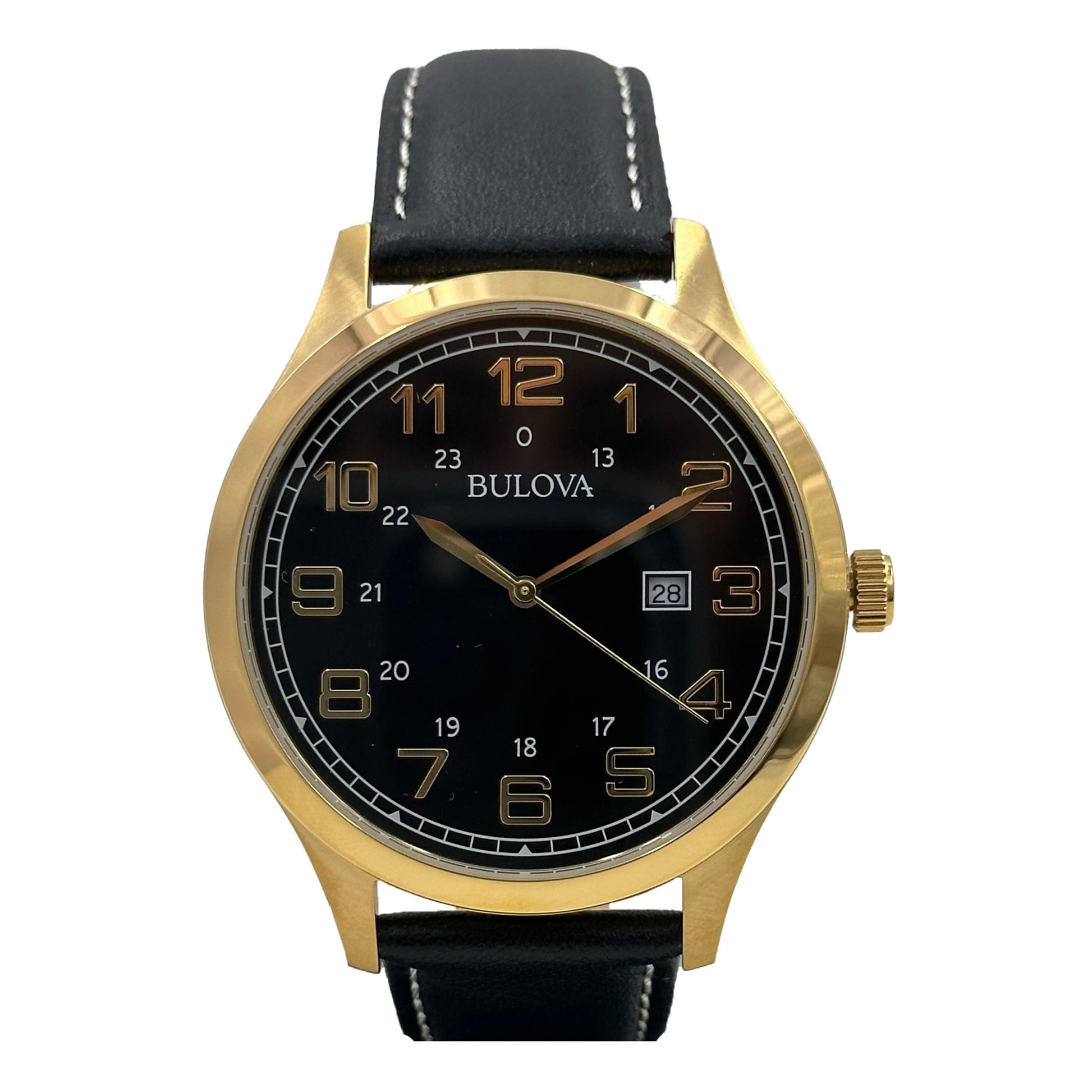 Bulova Men's Gold-Tone Case Black Leather Strap Watch - 971B181 0042429565128